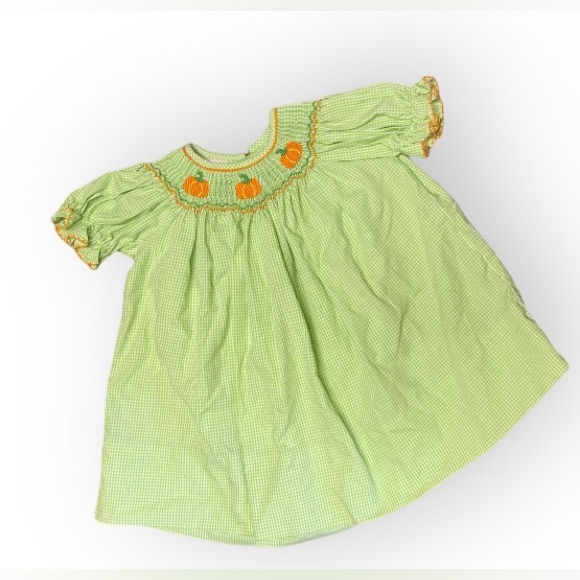 EUC PETIT BEBE GREEN GINGHAM DRESS WITH SMOCKED PUMPKINS - Picture 2 of 5